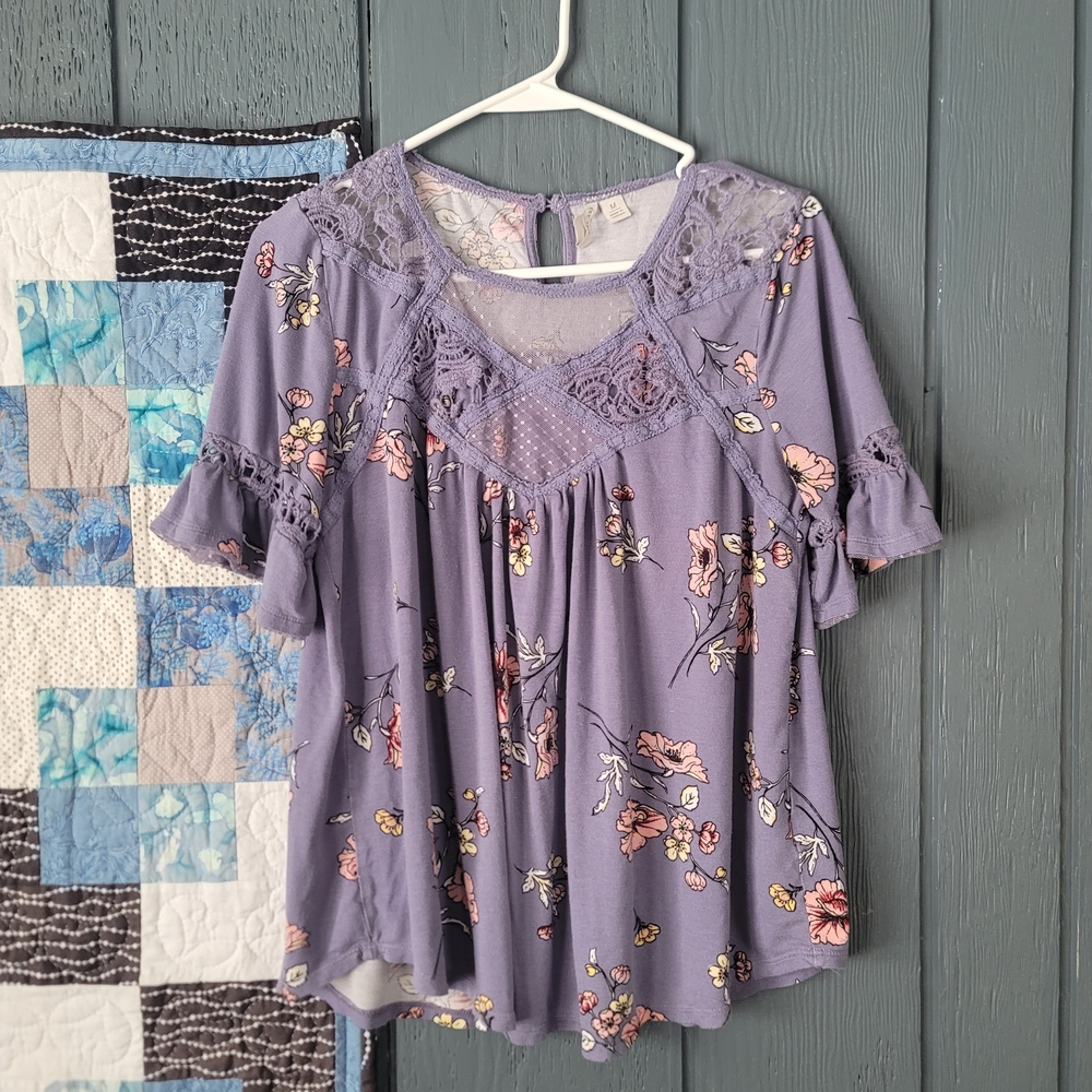 Floral Lace Trim Purple Top